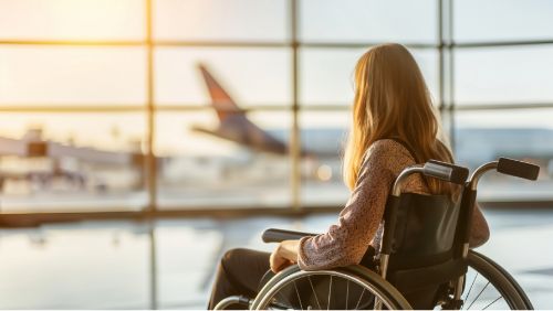 Volar con discapacidad: Turista haciendo check-in en el aeropuerto.